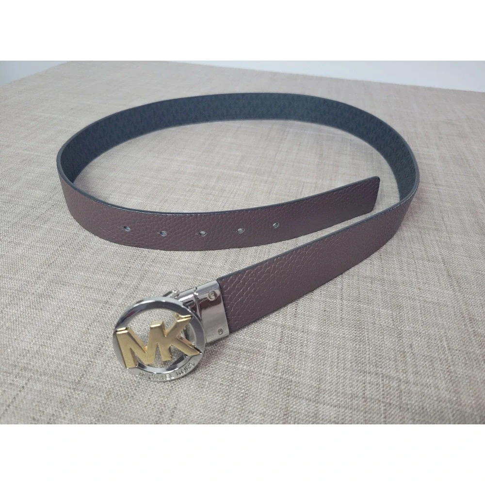 Michael Kors Reversible Belt Brown Pebbled Black Monogram MK Logo Buckle Medium